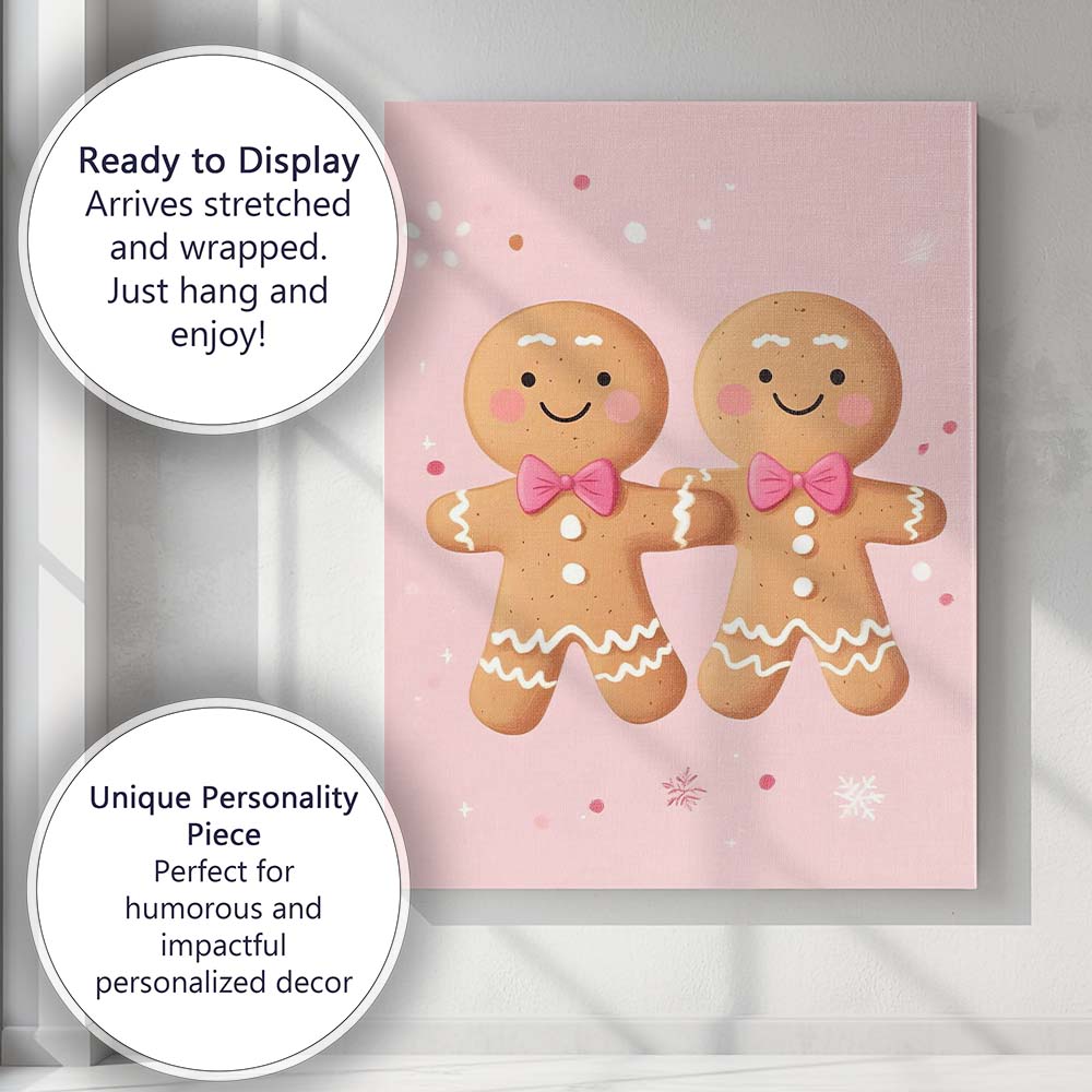 Cute Pink Gingerbread Couple Christmas Cookie Illustration Canvas Wall Art Print Decor Picture Ready to Hang