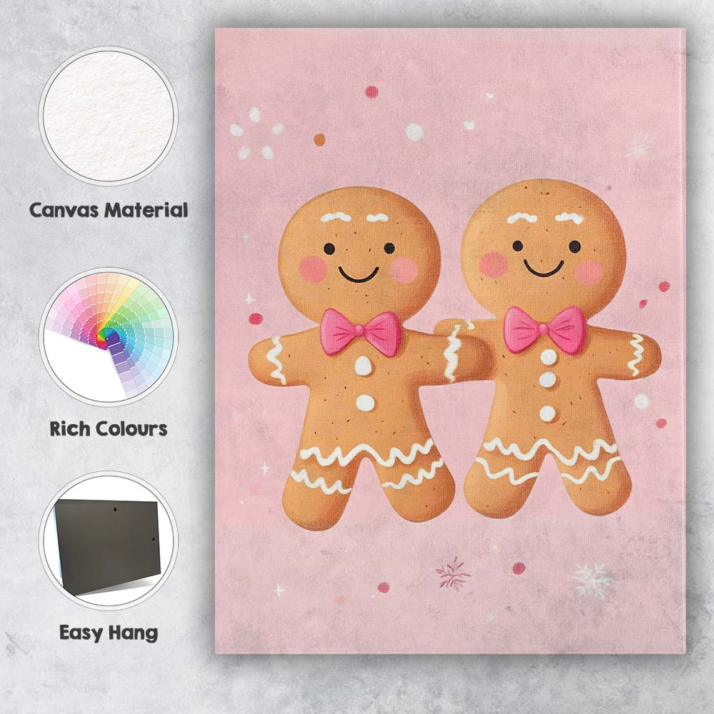 Cute Pink Gingerbread Couple Christmas Cookie Illustration Canvas Wall Art Print Decor Picture Ready to Hang