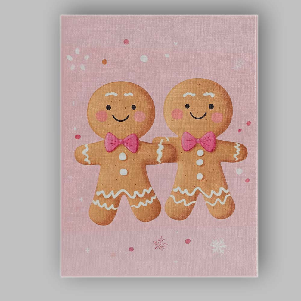 Cute Pink Gingerbread Couple Christmas Cookie Illustration Canvas Wall Art Print Decor Picture Ready to Hang