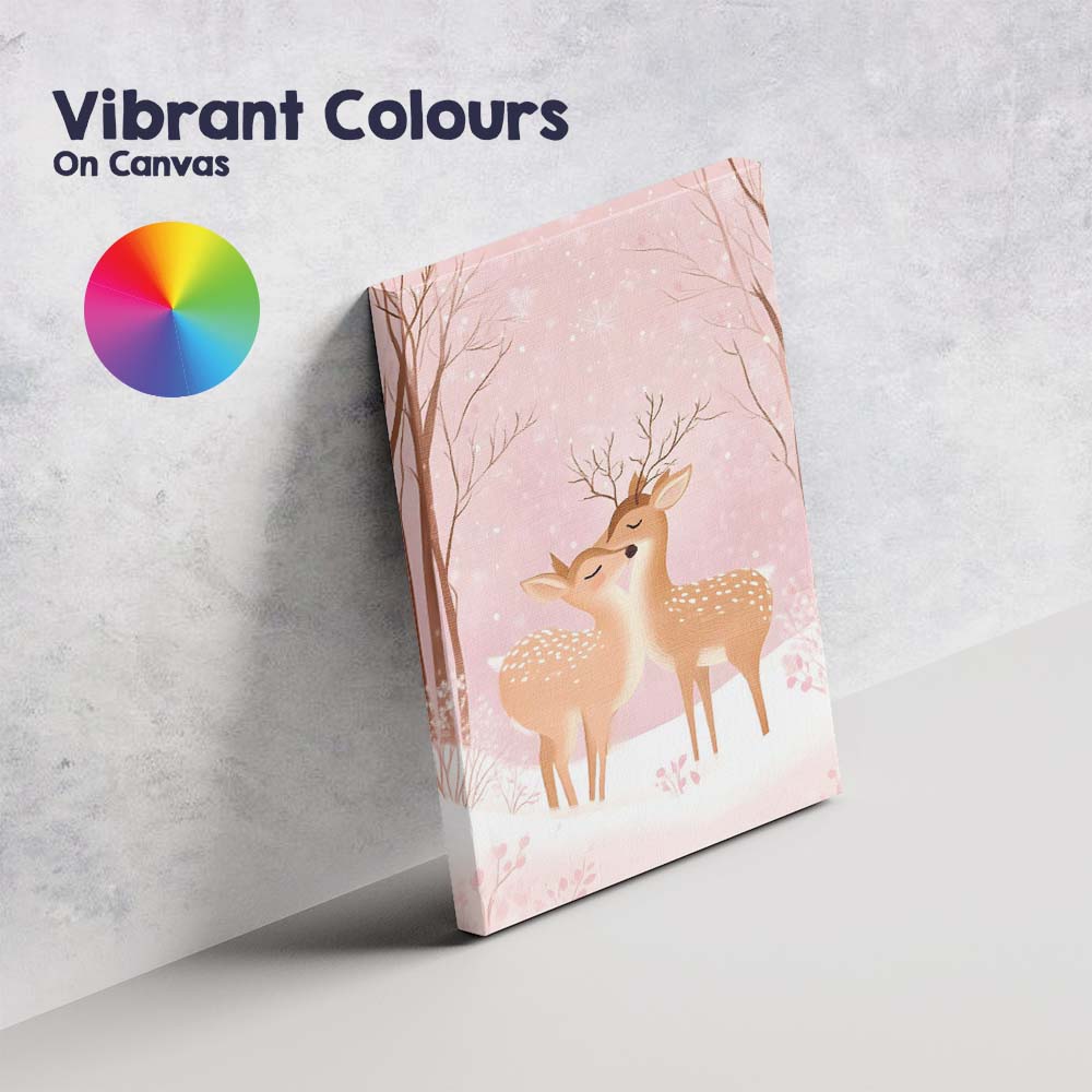Romantic Winter Deer Couple Pink Snow Forest Illustration Canvas Wall Art Print Decor Picture Ready to Hang