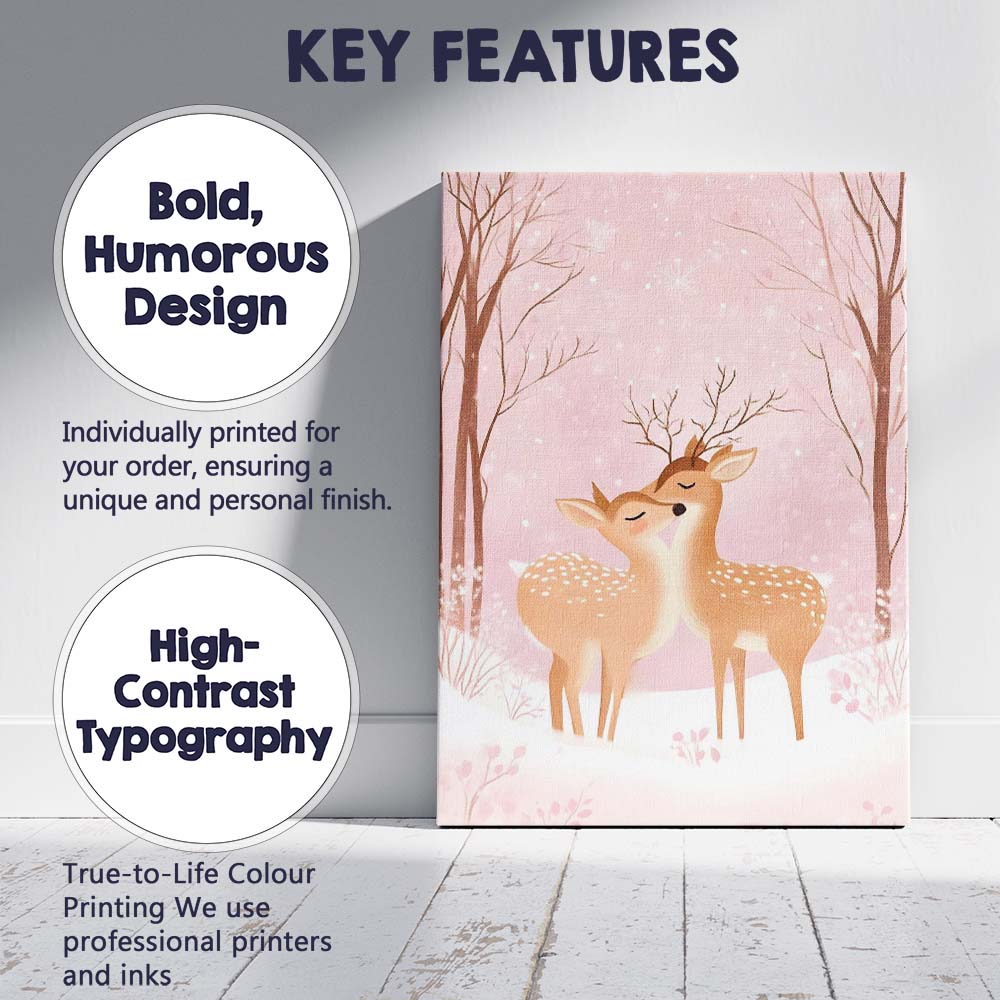 Romantic Winter Deer Couple Pink Snow Forest Illustration Canvas Wall Art Print Decor Picture Ready to Hang
