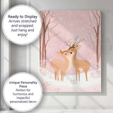 Romantic Winter Deer Couple Pink Snow Forest Illustration Canvas Wall Art Print Decor Picture Ready to Hang