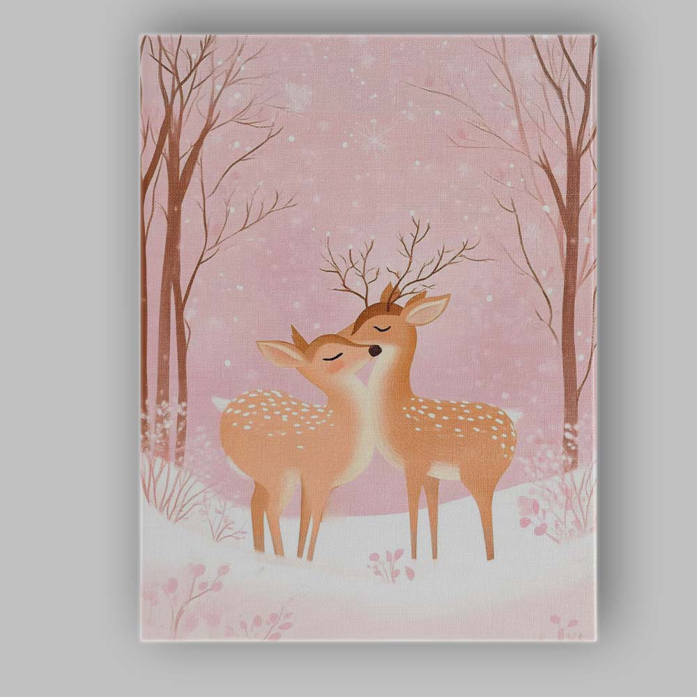 Romantic Winter Deer Couple Pink Snow Forest Illustration Canvas Wall Art Print Decor Picture Ready to Hang