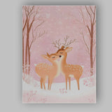 Romantic Winter Deer Couple Pink Snow Forest Illustration Canvas Wall Art Print Decor Picture Ready to Hang