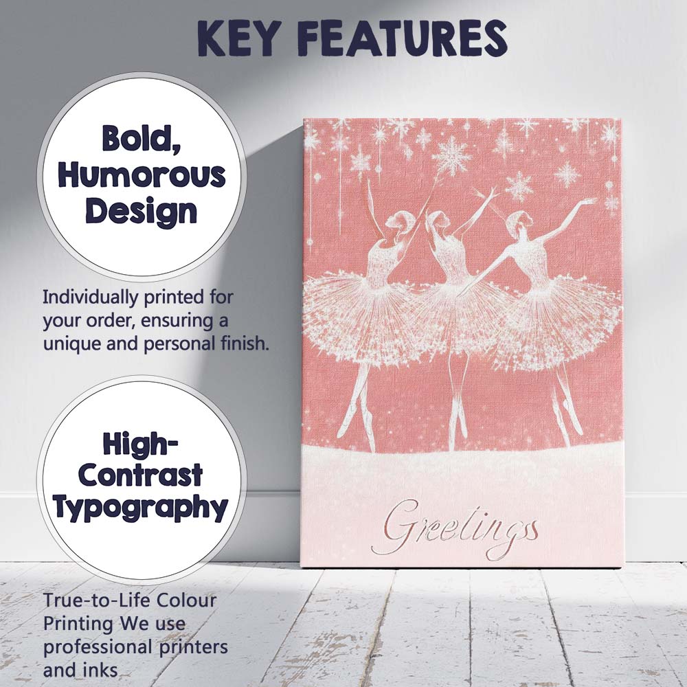 Elegant Pink Christmas Ballet Dancers Snowflake Greetings Canvas Wall Art Print Decor Picture Ready to Hang