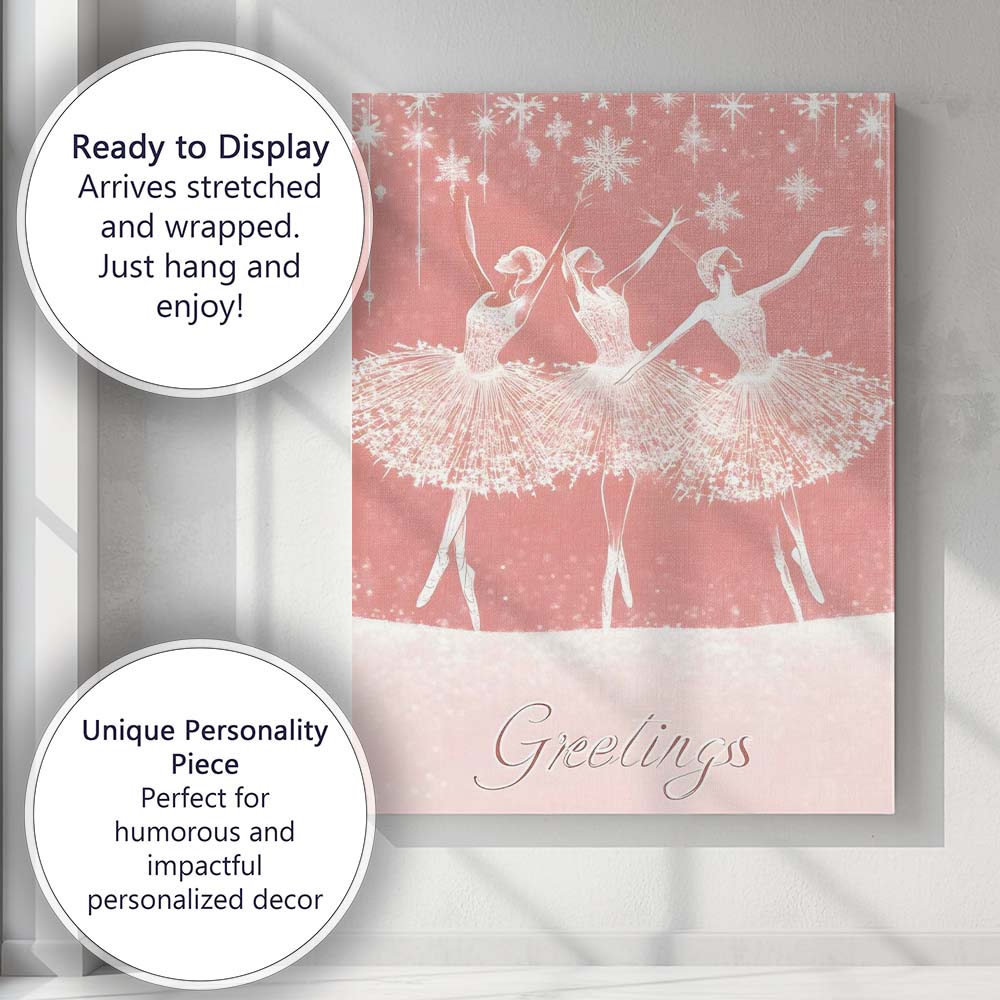 Elegant Pink Christmas Ballet Dancers Snowflake Greetings Canvas Wall Art Print Decor Picture Ready to Hang