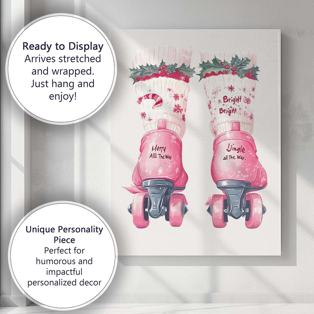 Pink Retro Christmas Roller Skates Festive Holiday Illustration Canvas Wall Art Print Decor Picture Ready to Hang