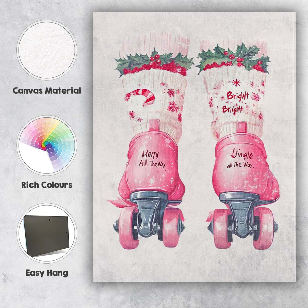 Pink Retro Christmas Roller Skates Festive Holiday Illustration Canvas Wall Art Print Decor Picture Ready to Hang
