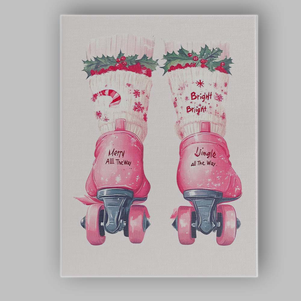 Pink Retro Christmas Roller Skates Festive Holiday Illustration Canvas Wall Art Print Decor Picture Ready to Hang