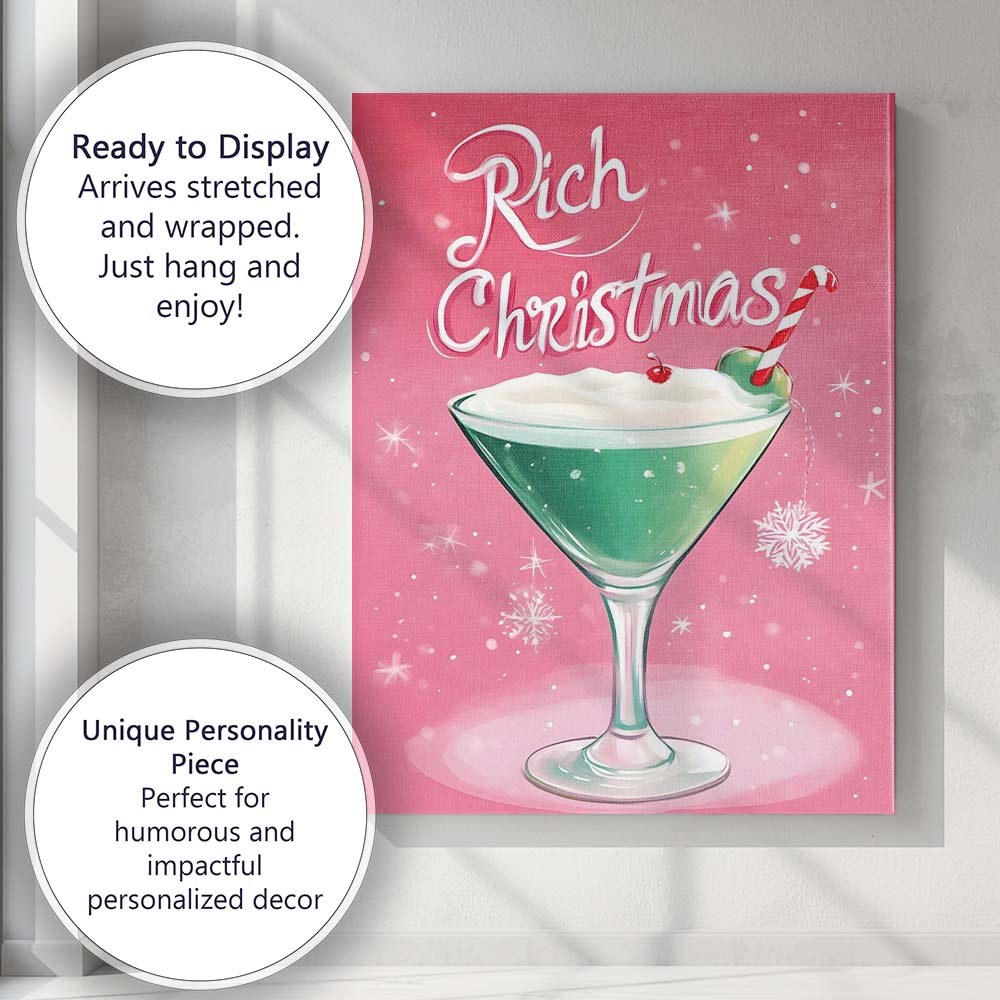 Festive Christmas Cocktail Candy Cane Holiday Drink Illustration Canvas Wall Art Print Decor Picture Ready to Hang