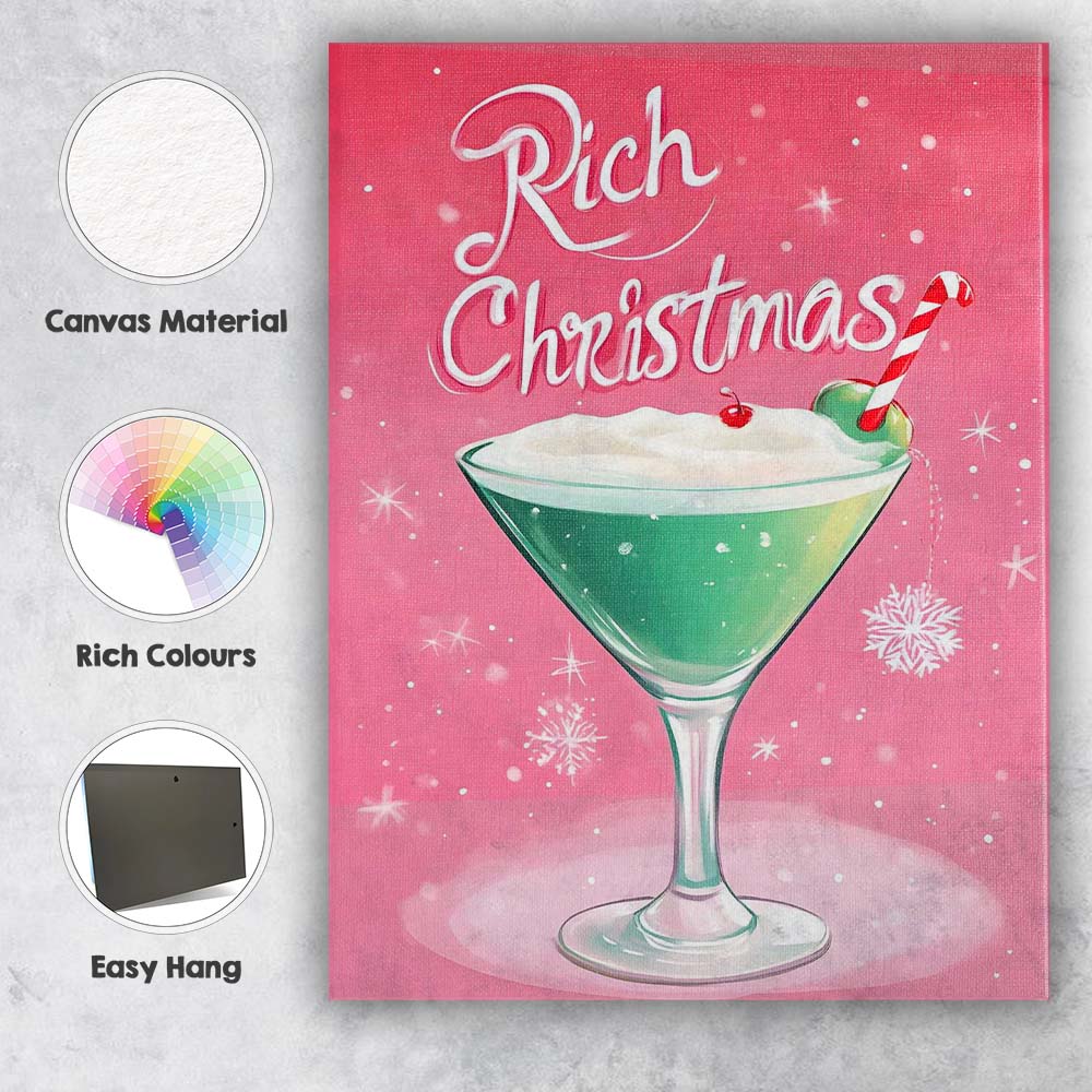 Festive Christmas Cocktail Candy Cane Holiday Drink Illustration Canvas Wall Art Print Decor Picture Ready to Hang