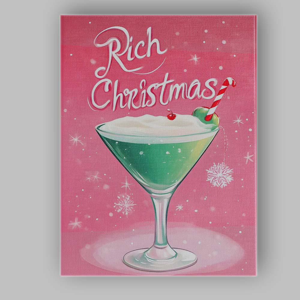 Festive Christmas Cocktail Candy Cane Holiday Drink Illustration Canvas Wall Art Print Decor Picture Ready to Hang
