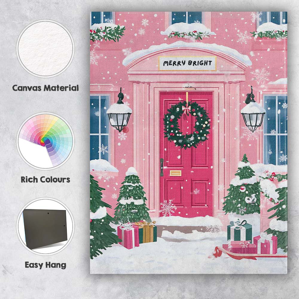 Pink Christmas Front Door Wreath Snowy Festive Entrance Canvas Wall Art Print Decor Picture Ready to Hang