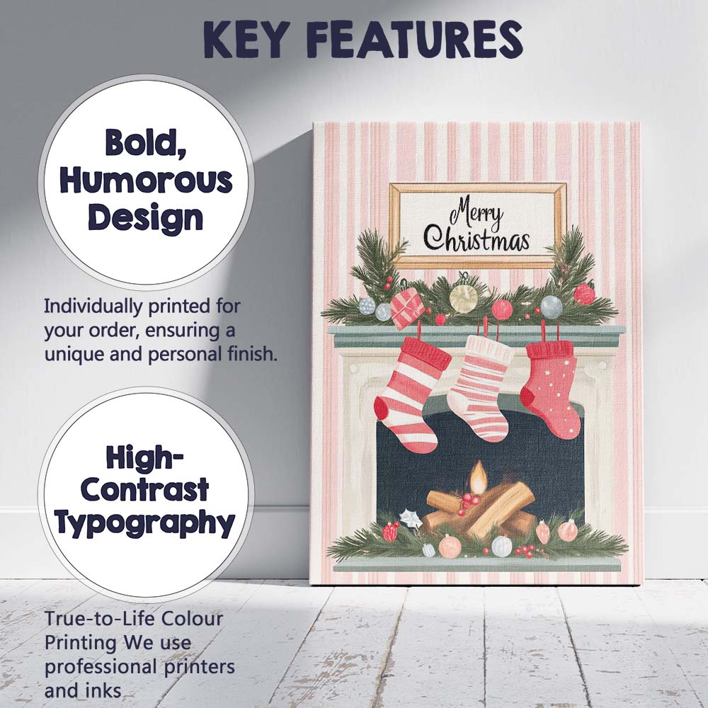 Pink Christmas Fireplace Stockings Festive Mantel Watercolour Canvas Wall Art Print Decor Picture Ready to Hang
