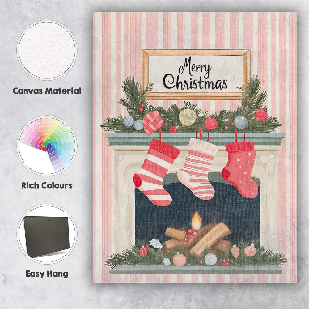 Pink Christmas Fireplace Stockings Festive Mantel Watercolour Canvas Wall Art Print Decor Picture Ready to Hang
