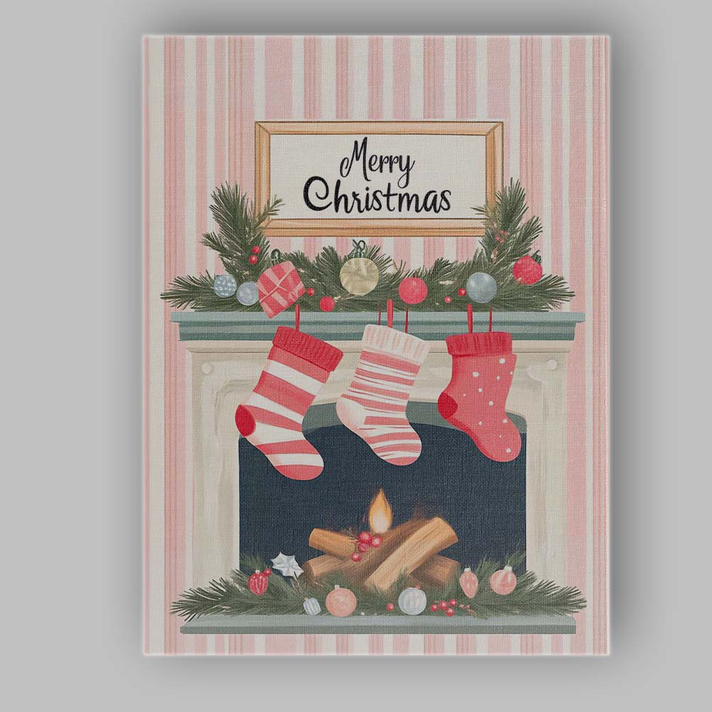 Pink Christmas Fireplace Stockings Festive Mantel Watercolour Canvas Wall Art Print Decor Picture Ready to Hang