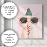 Cute White Christmas Cat Wearing Pink Sunglasses Candy Cane Watercolour Canvas Wall Art Print Decor Picture Ready to Hang