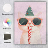 Cute White Christmas Cat Wearing Pink Sunglasses Candy Cane Watercolour Canvas Wall Art Print Decor Picture Ready to Hang