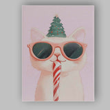 Cute White Christmas Cat Wearing Pink Sunglasses Candy Cane Watercolour Canvas Wall Art Print Decor Picture Ready to Hang