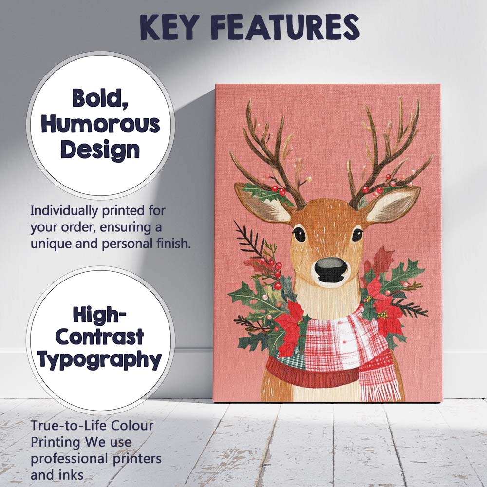 Woodland Christmas Reindeer Portrait With Festive Scarf Watercolour Canvas Wall Art Print Decor Picture Ready to Hang