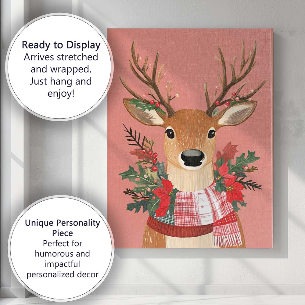 Woodland Christmas Reindeer Portrait With Festive Scarf Watercolour Canvas Wall Art Print Decor Picture Ready to Hang