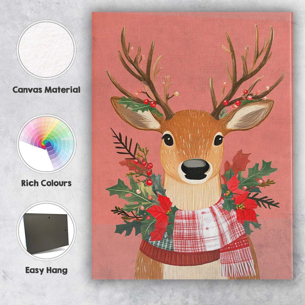 Woodland Christmas Reindeer Portrait With Festive Scarf Watercolour Canvas Wall Art Print Decor Picture Ready to Hang