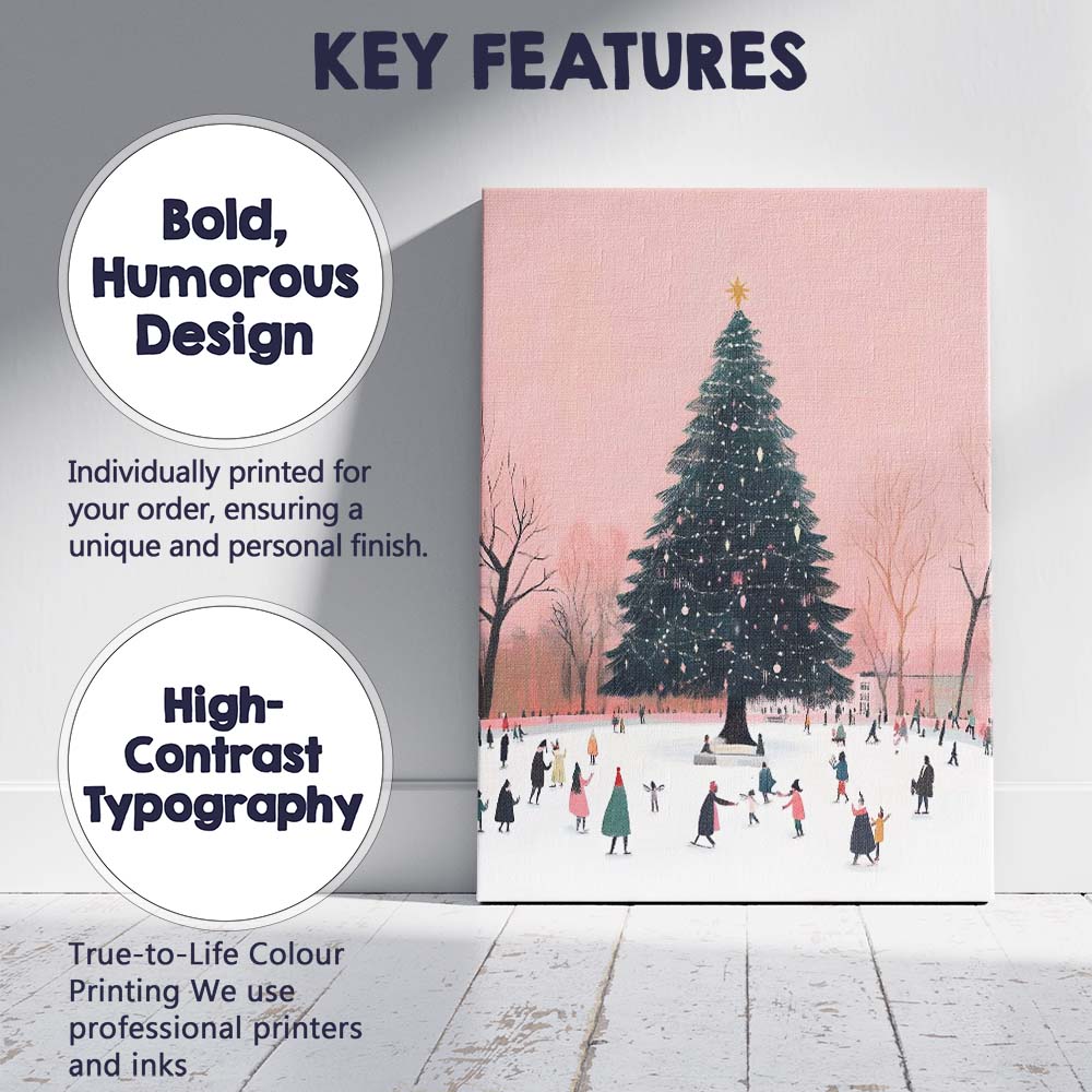 Pink Winter Ice Skating Christmas Tree Festive Town Watercolour Canvas Wall Art Print Decor Picture Ready to Hang