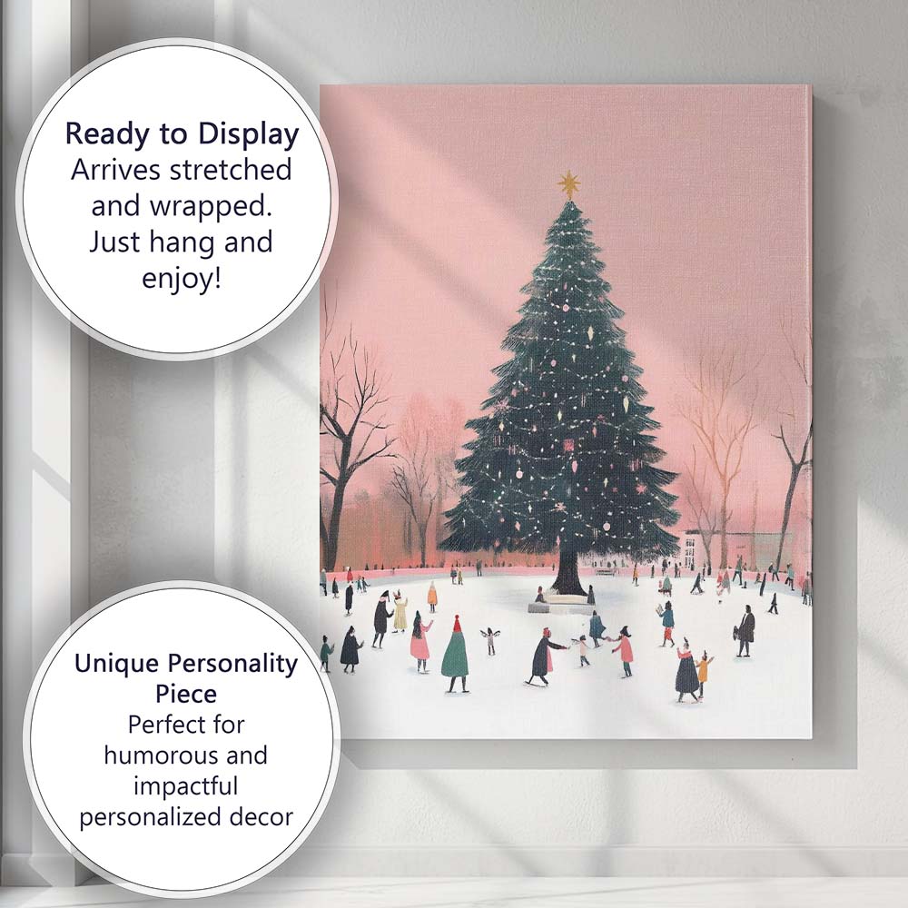 Pink Winter Ice Skating Christmas Tree Festive Town Watercolour Canvas Wall Art Print Decor Picture Ready to Hang