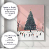Pink Winter Ice Skating Christmas Tree Festive Town Watercolour Canvas Wall Art Print Decor Picture Ready to Hang