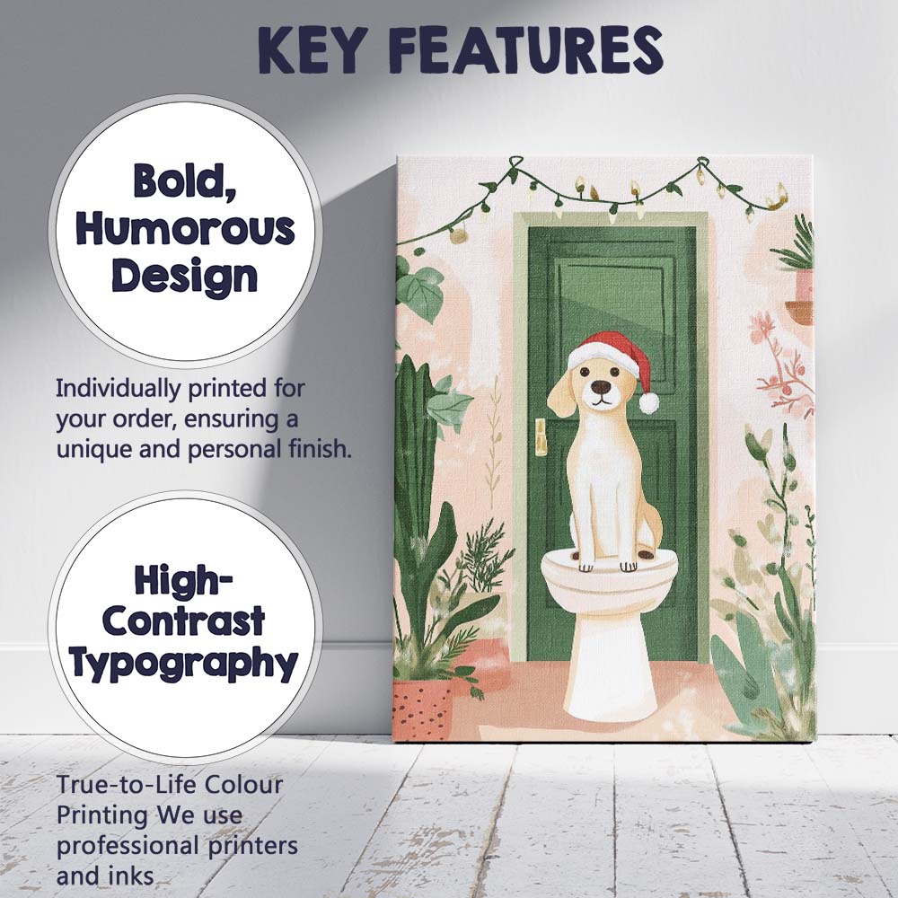 Cute Christmas Puppy Sitting On Toilet Festive Bathroom Watercolour Canvas Wall Art Print Decor Picture Ready to Hang