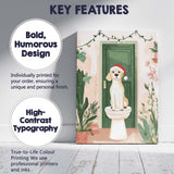 Cute Christmas Puppy Sitting On Toilet Festive Bathroom Watercolour Canvas Wall Art Print Decor Picture Ready to Hang