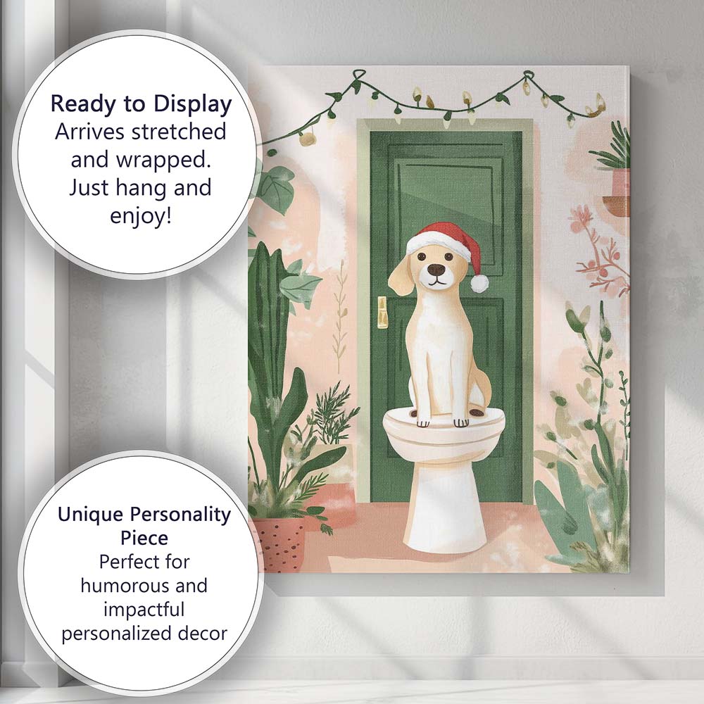 Cute Christmas Puppy Sitting On Toilet Festive Bathroom Watercolour Canvas Wall Art Print Decor Picture Ready to Hang
