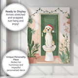 Cute Christmas Puppy Sitting On Toilet Festive Bathroom Watercolour Canvas Wall Art Print Decor Picture Ready to Hang