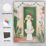 Cute Christmas Puppy Sitting On Toilet Festive Bathroom Watercolour Canvas Wall Art Print Decor Picture Ready to Hang