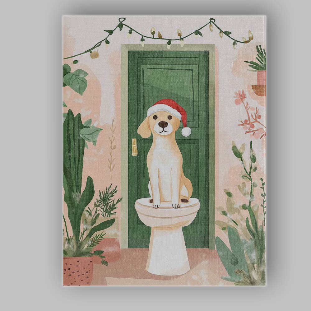 Cute Christmas Puppy Sitting On Toilet Festive Bathroom Watercolour Canvas Wall Art Print Decor Picture Ready to Hang