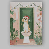 Cute Christmas Puppy Sitting On Toilet Festive Bathroom Watercolour Canvas Wall Art Print Decor Picture Ready to Hang
