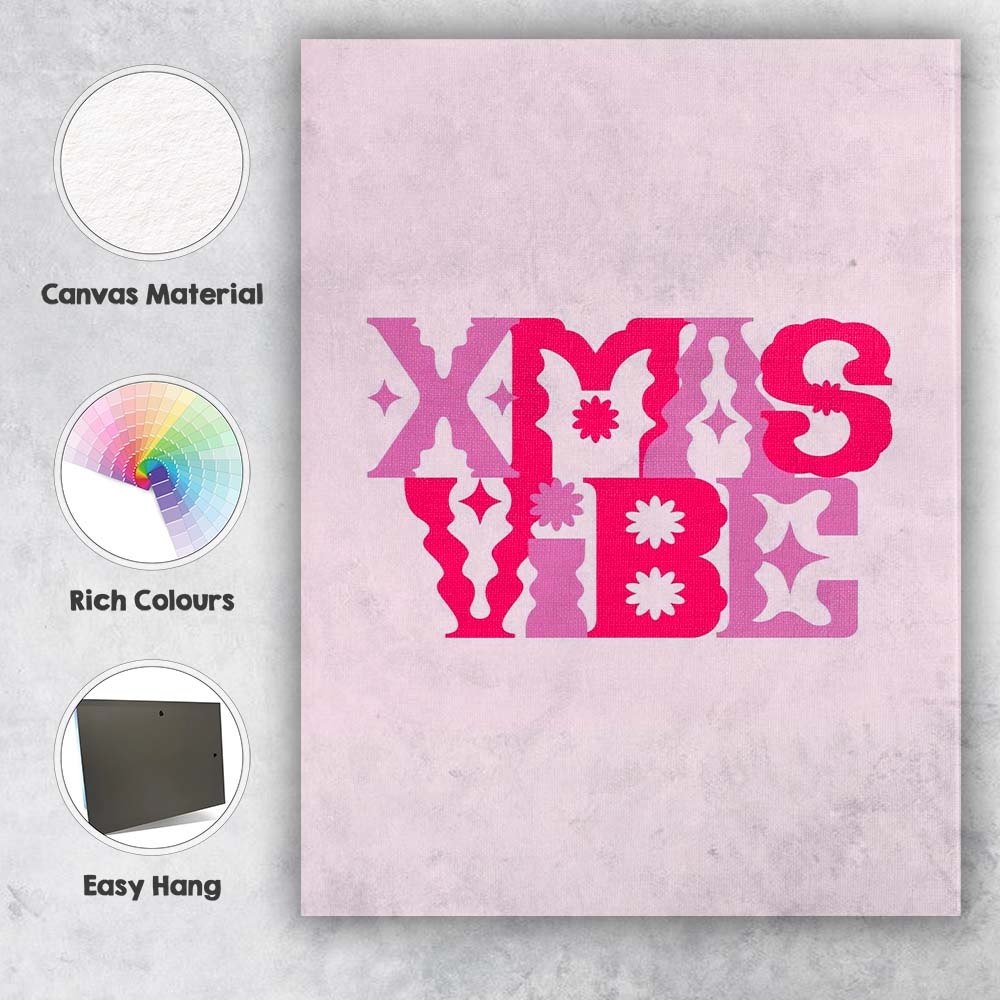 Pink Retro Xmas Vibe Typography Christmas Quote Canvas Wall Art Print Decor Picture Ready to Hang