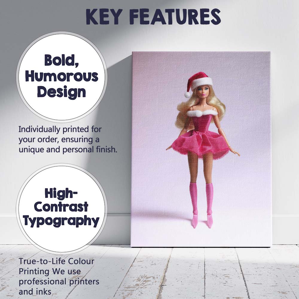 Pink Christmas Fashion Doll Santa Outfit Portrait Canvas Wall Art Print Decor Picture Ready to Hang