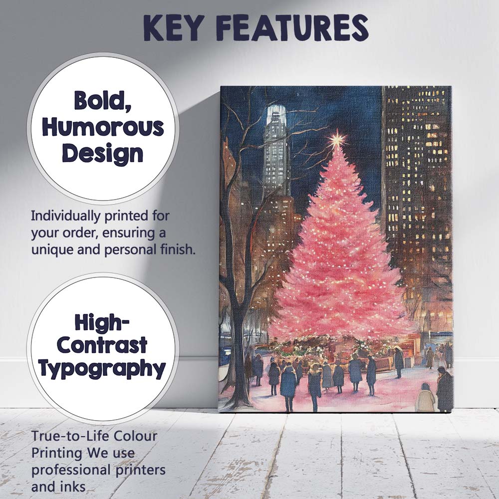 Pink Christmas Tree Night City Winter Watercolour Canvas Wall Art Print Decor Picture Ready to Hang