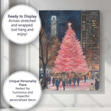 Pink Christmas Tree Night City Winter Watercolour Canvas Wall Art Print Decor Picture Ready to Hang