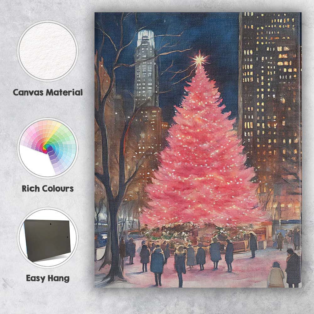 Pink Christmas Tree Night City Winter Watercolour Canvas Wall Art Print Decor Picture Ready to Hang