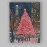 Pink Christmas Tree Night City Winter Watercolour Canvas Wall Art Print Decor Picture Ready to Hang