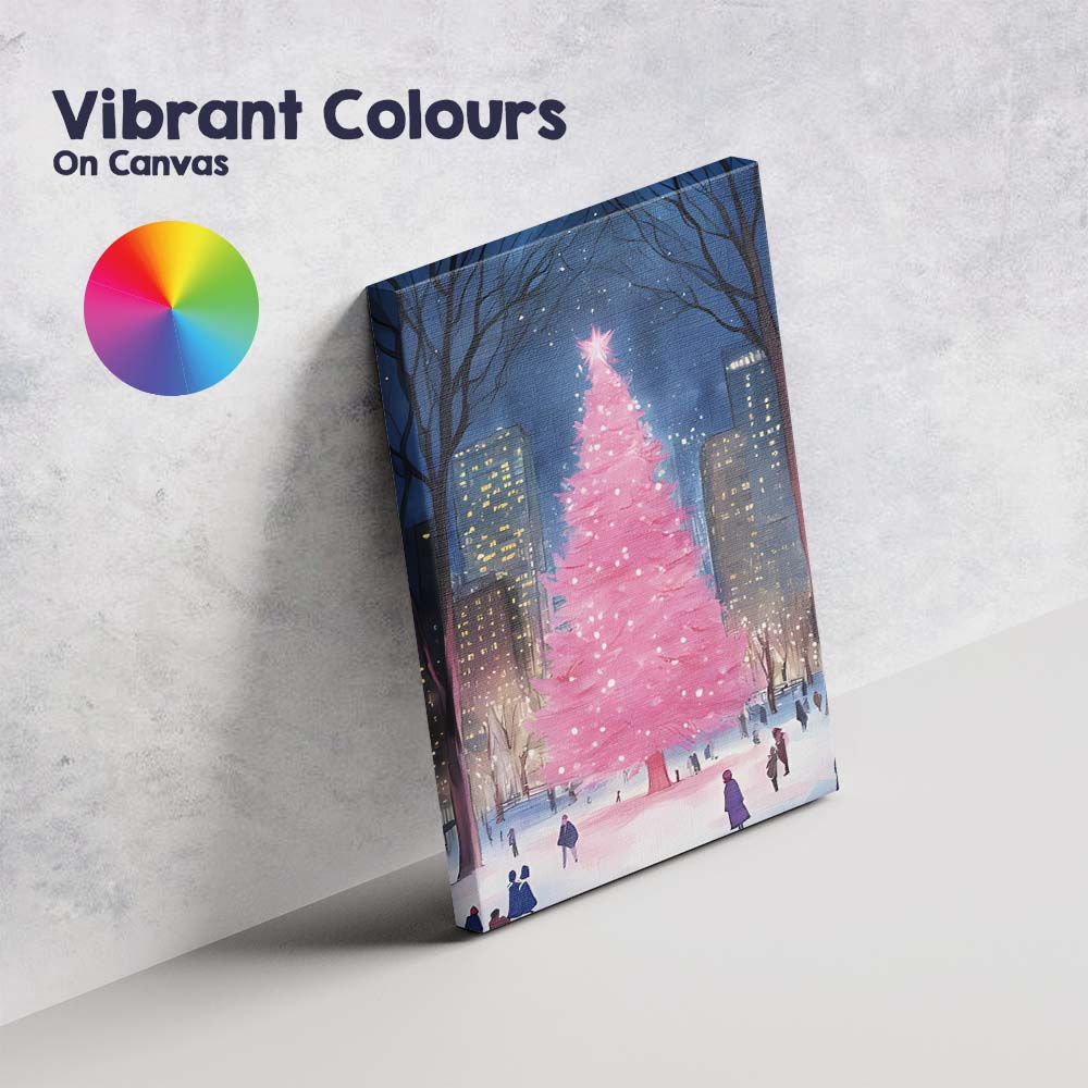 Pink Christmas Tree Snowy City Park Night Watercolour Canvas Wall Art Print Decor Picture Ready to Hang