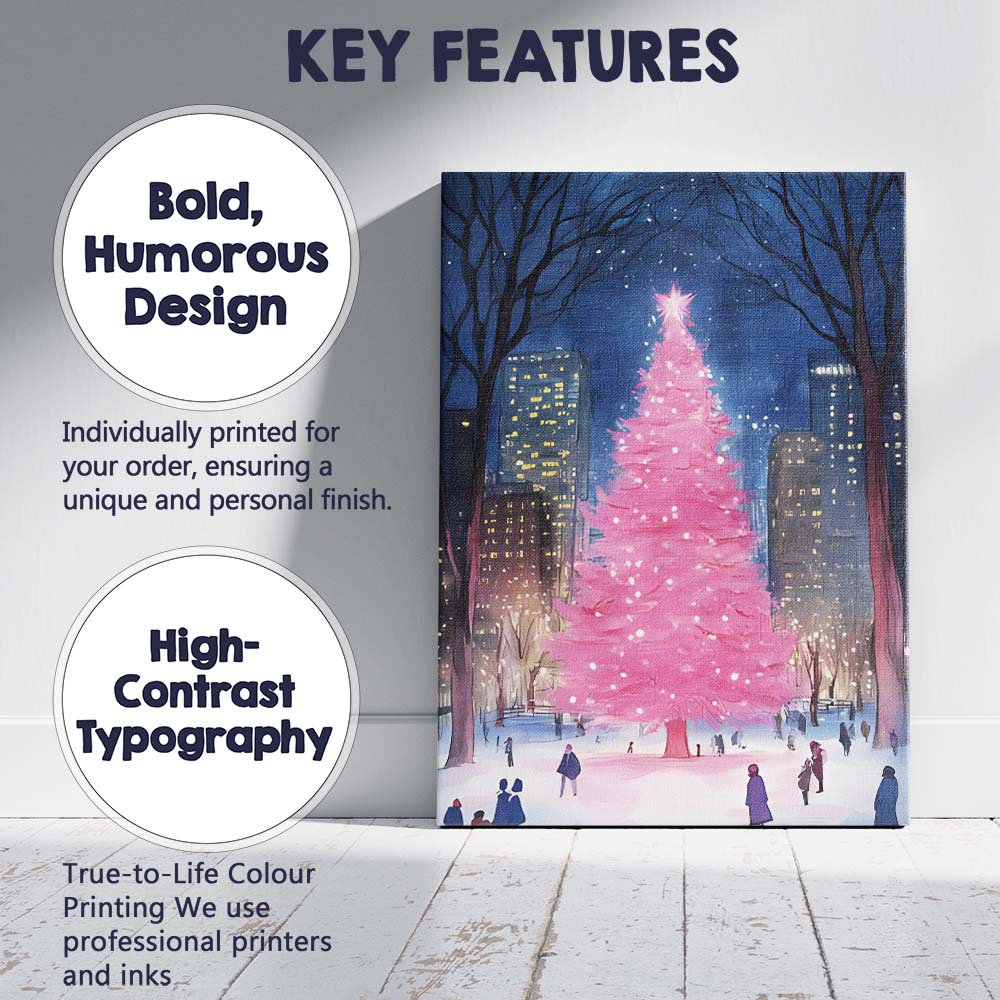 Pink Christmas Tree Snowy City Park Night Watercolour Canvas Wall Art Print Decor Picture Ready to Hang