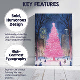 Pink Christmas Tree Snowy City Park Night Watercolour Canvas Wall Art Print Decor Picture Ready to Hang