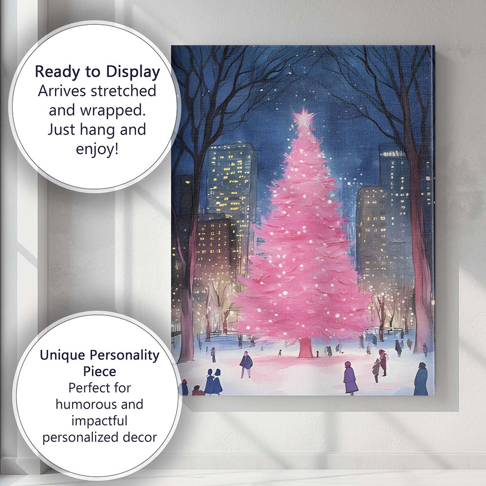 Pink Christmas Tree Snowy City Park Night Watercolour Canvas Wall Art Print Decor Picture Ready to Hang