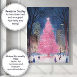 Pink Christmas Tree Snowy City Park Night Watercolour Canvas Wall Art Print Decor Picture Ready to Hang