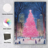 Pink Christmas Tree Snowy City Park Night Watercolour Canvas Wall Art Print Decor Picture Ready to Hang