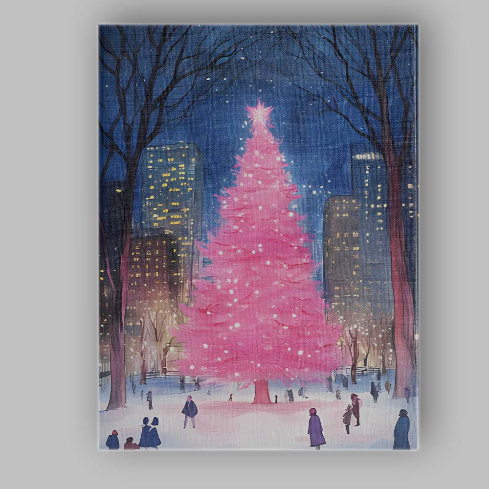 Pink Christmas Tree Snowy City Park Night Watercolour Canvas Wall Art Print Decor Picture Ready to Hang