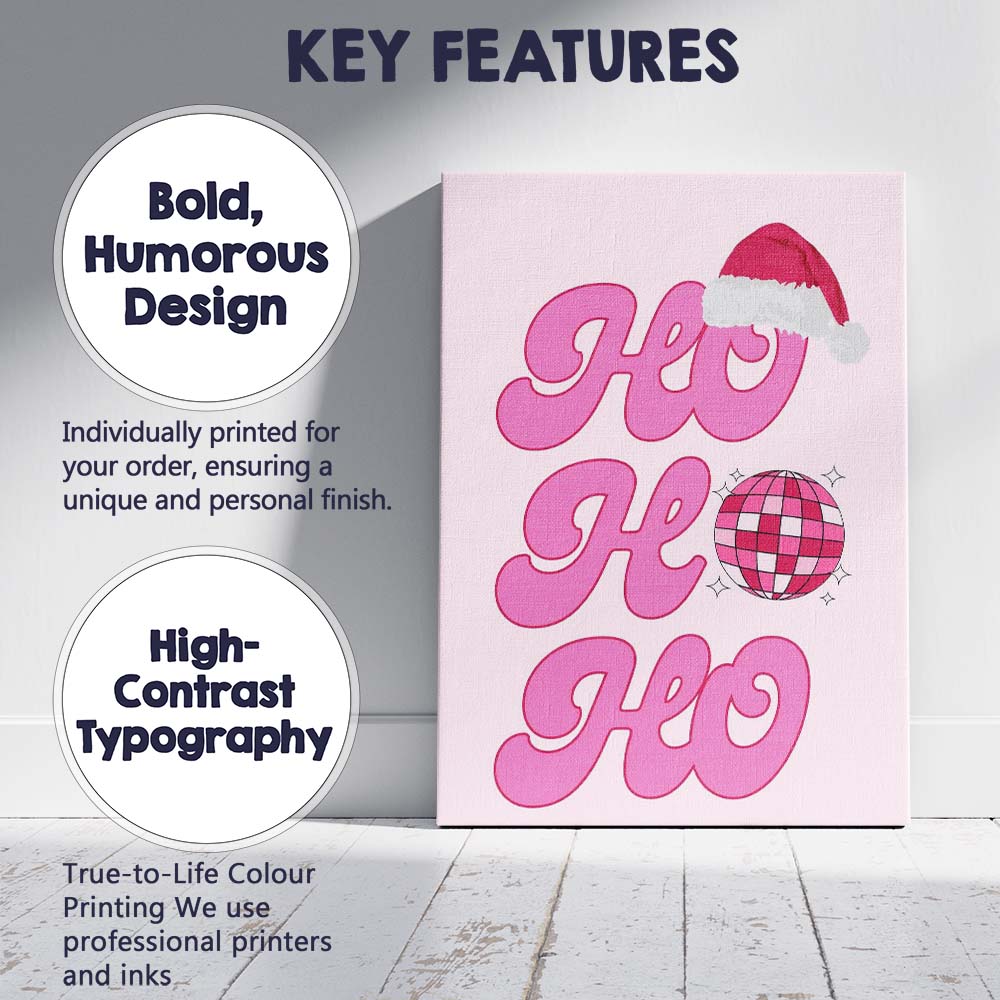 Pink Retro Ho Ho Ho Christmas Disco Typography Canvas Wall Art Print Decor Picture Ready to Hang